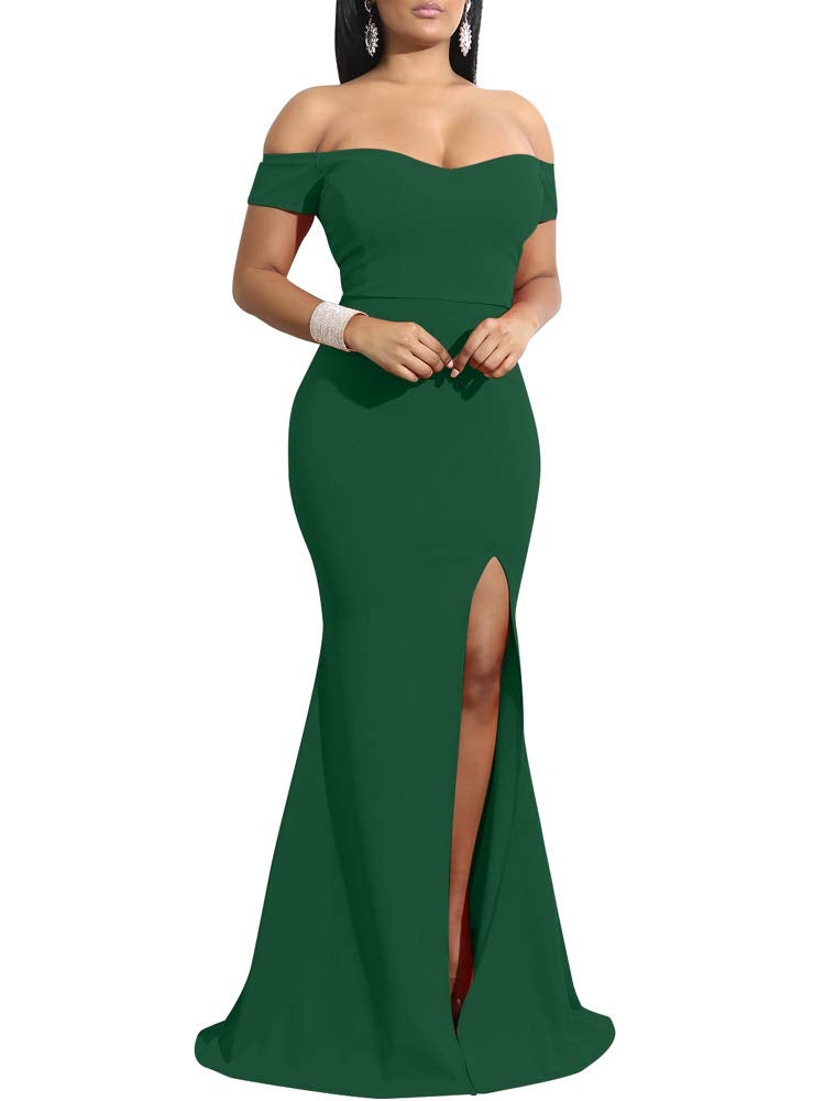 YMDUCH Womens Off Shoulder High Split Long Formal Party Dress Evening Gown Dark Green - Image 1